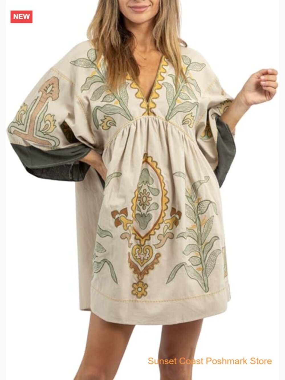 Womens Oversized Embroidered Babydoll Dress V-Neck 3/4 Sleeves Vintage